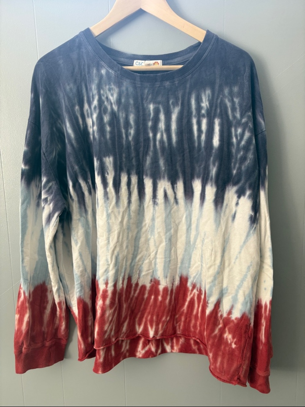 C&C California Tie-Dye Crewneck Sweatshirt in Navy, White & Red